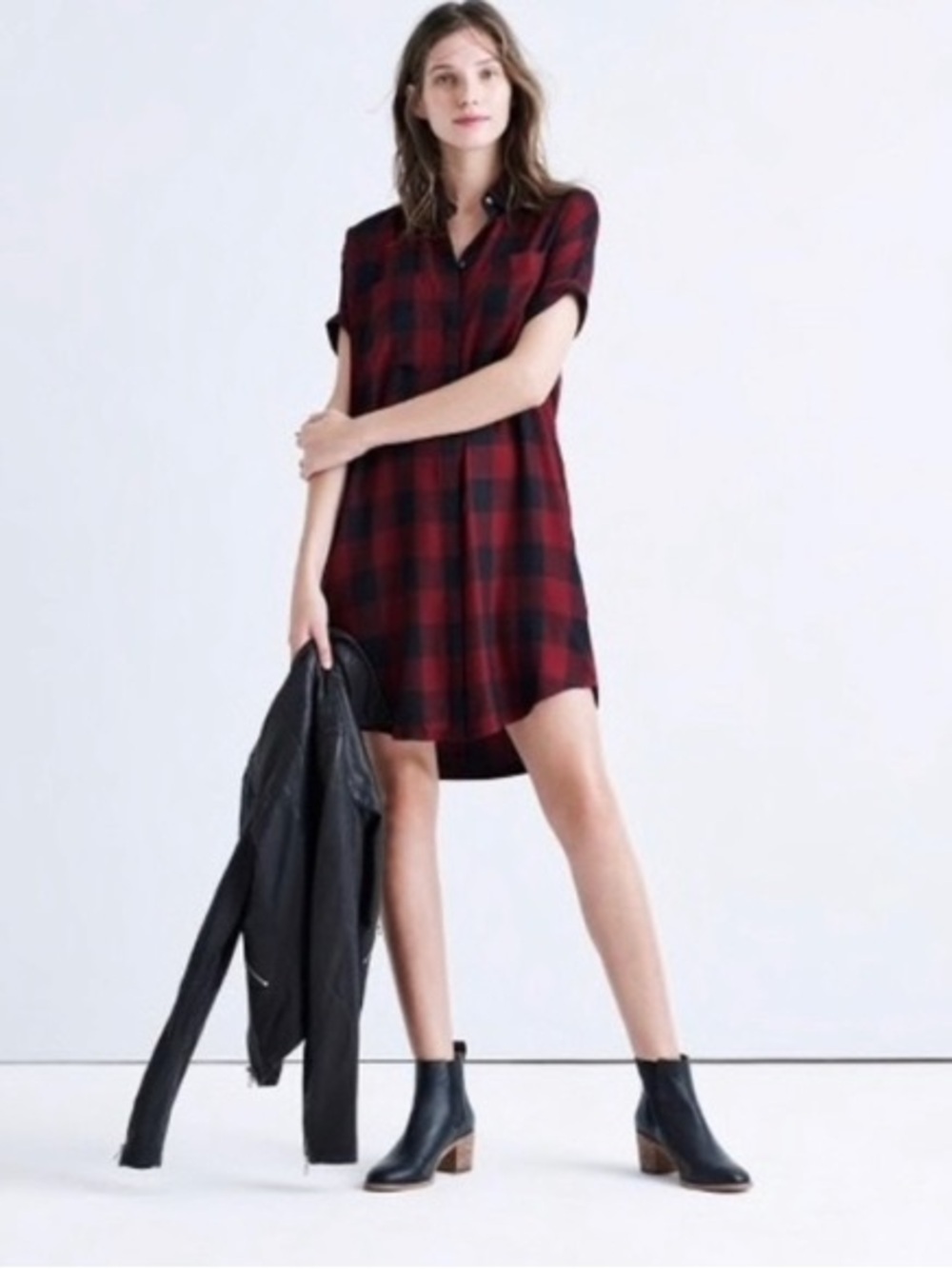 Madewell Red and Black Plaid High-Low Shirt Dress